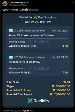 康纳·麦格雷戈输掉了UFC 308的巨额